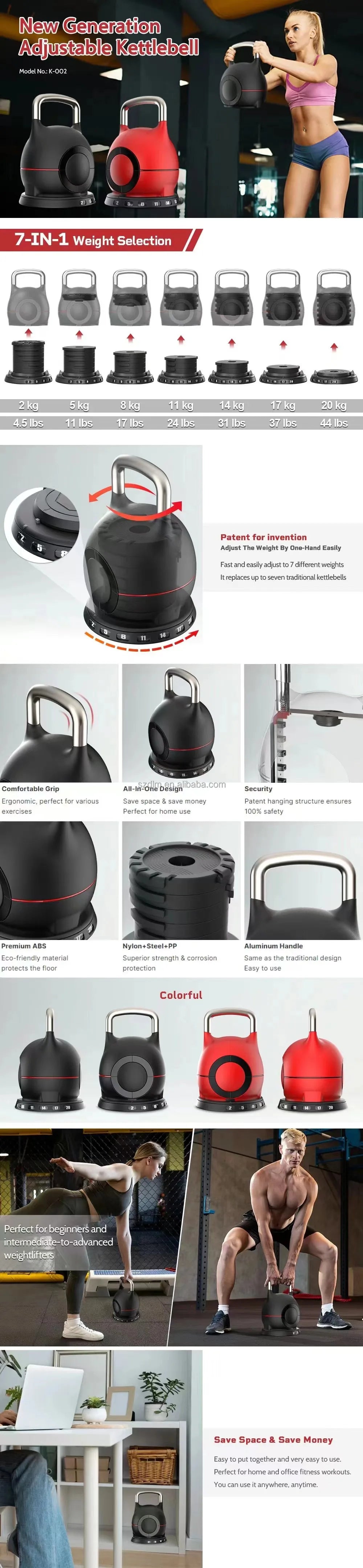 2-20 KG 7 in 1 Adjustable Kettlebell Grip for Dumbbel, Custom Logo OEM 7 in 1 Kettlebell With Adjustable Weights 20Kg 44Lb