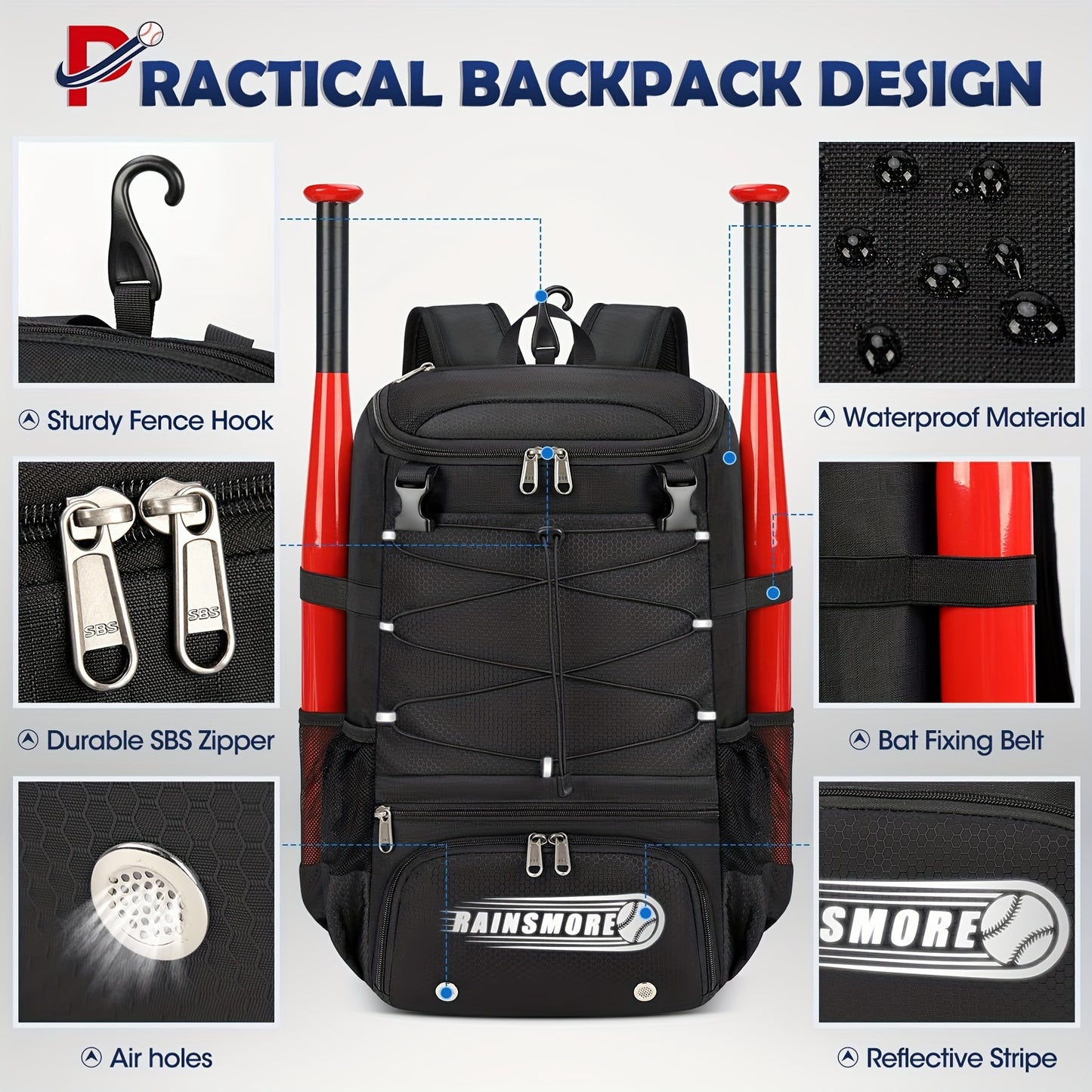 Baseball Bag Large Capacity Softball Bags for Adult Youth Baseball Backpack with Shoe Compartment Softball Bat Bag for T-Ball & Softball Equipment Sport Fitness Bag Gym Bag Halloween Gift Christmas Gift Black Grey - Deni Sport Health
