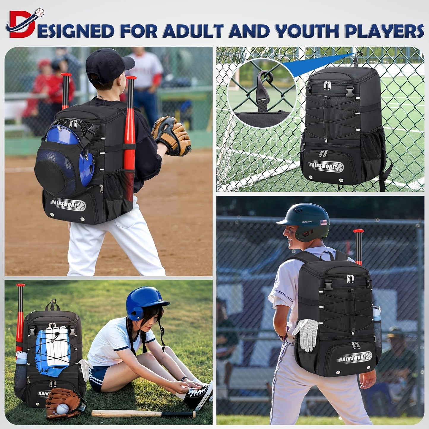 Baseball Bag Large Capacity Softball Bags for Adult Youth Baseball Backpack with Shoe Compartment Softball Bat Bag for T-Ball & Softball Equipment Sport Fitness Bag Gym Bag Halloween Gift Christmas Gift Black Grey - Deni Sport Health