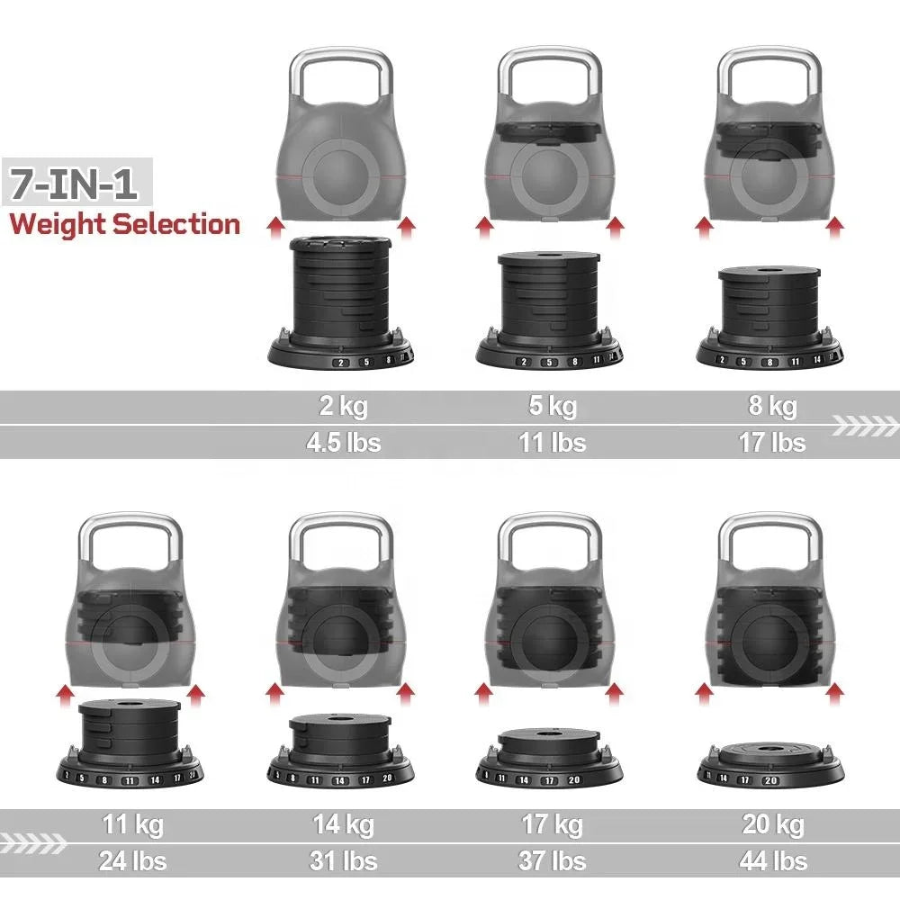 2-20 KG 7 in 1 Adjustable Kettlebell Grip for Dumbbel, Custom Logo OEM  7 in 1 Kettlebell With Adjustable Weights 20Kg 44Lb