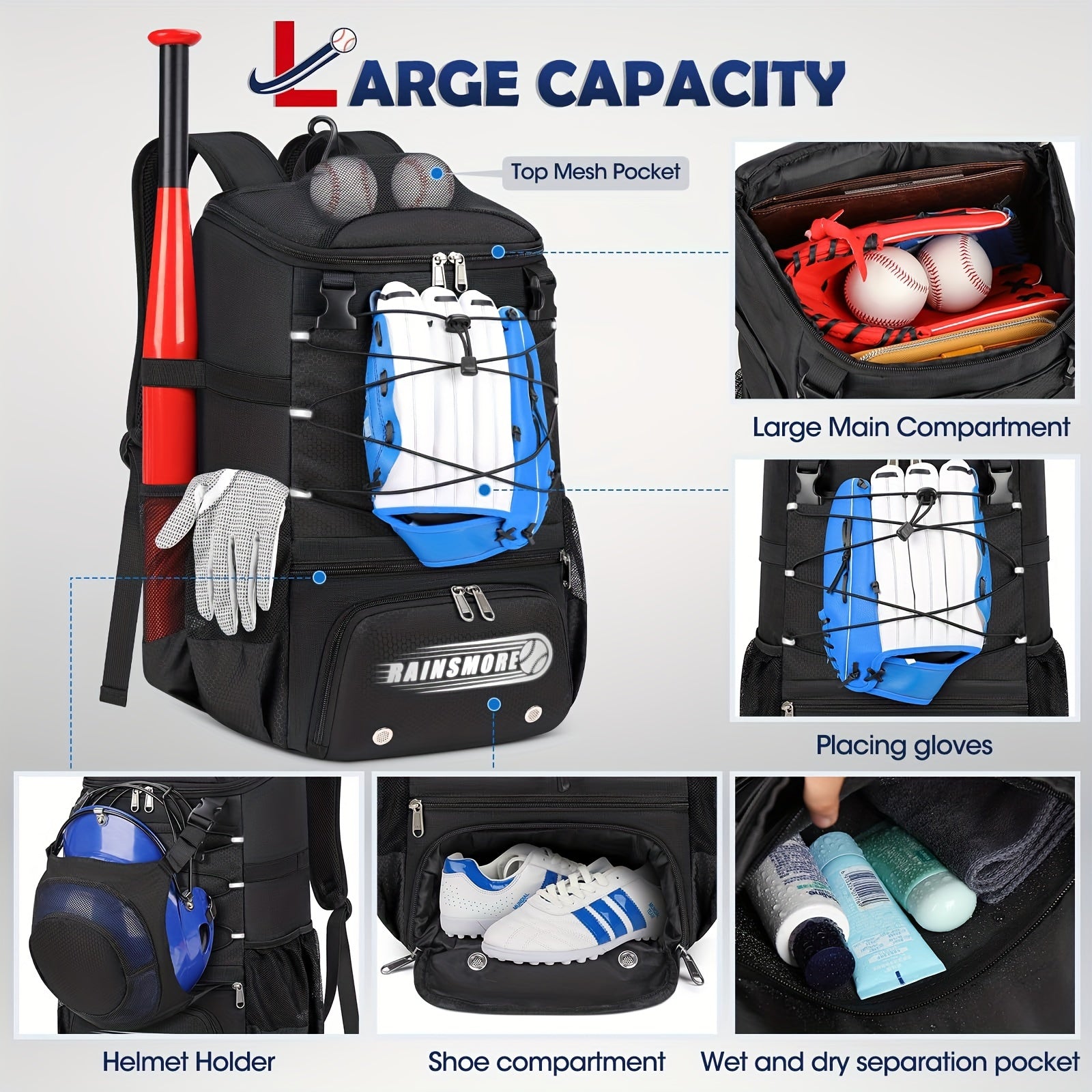 Baseball Bag Large Capacity Softball Bags for Adult Youth Baseball Backpack with Shoe Compartment Softball Bat Bag for T-Ball & Softball Equipment Sport Fitness Bag Gym Bag Halloween Gift Christmas Gift Black Grey - Deni Sport Health